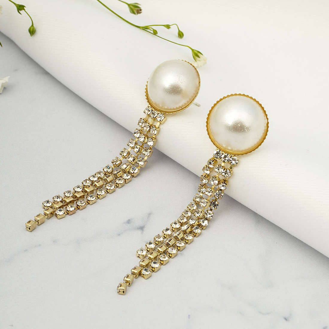 Pearl Rhinestone Chain Earrings
