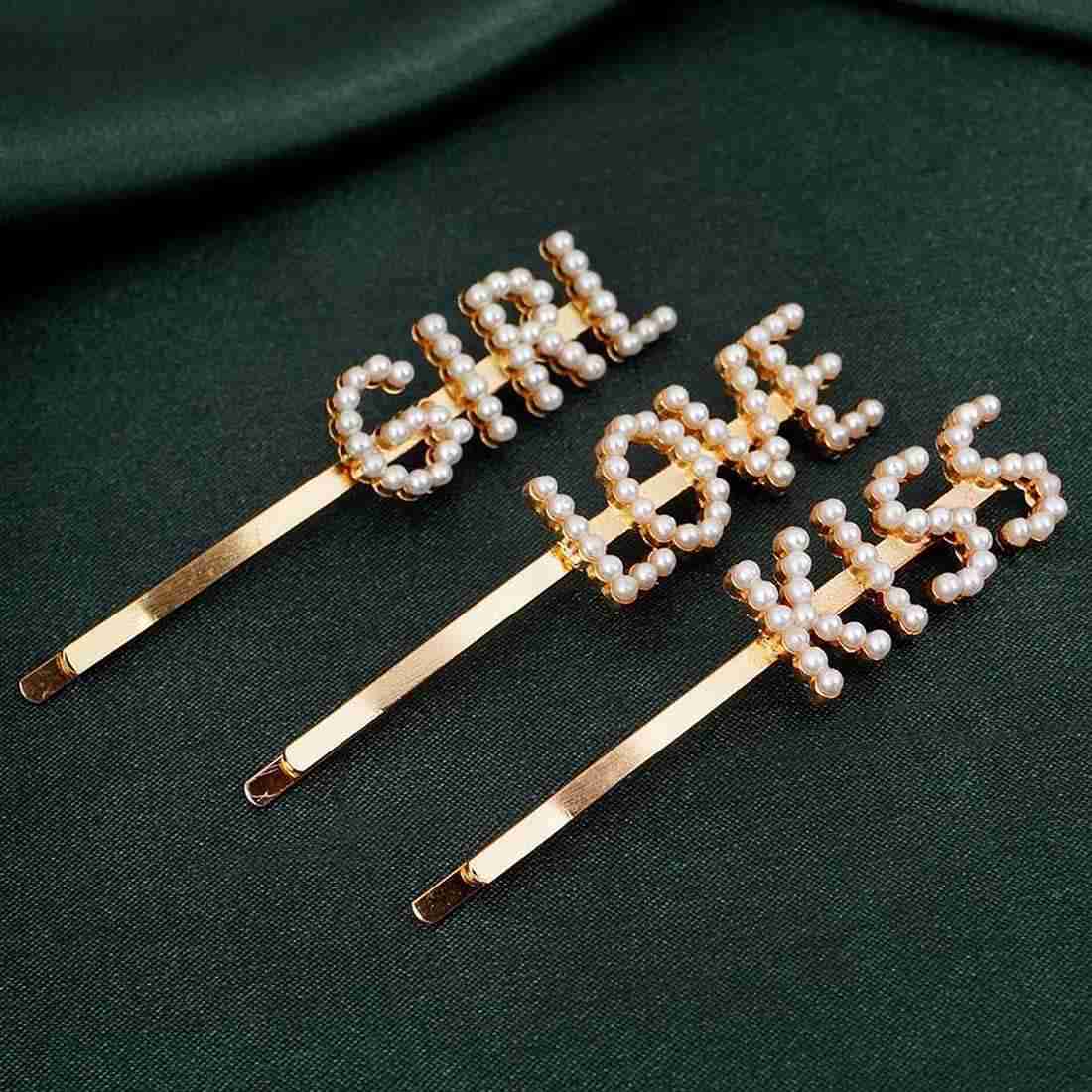Pearl Text Gold Hair Clips