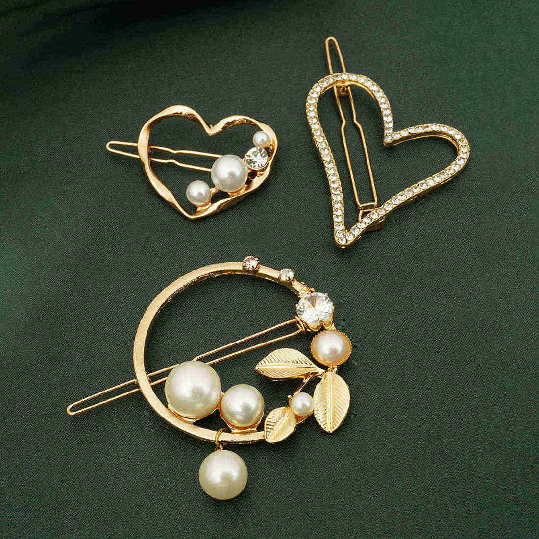 Pearl Wine Heart Hair Clips Set of 3