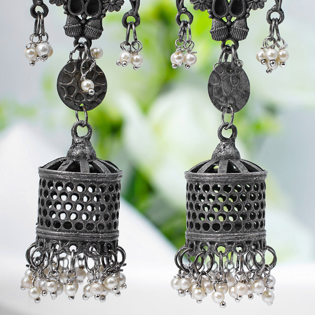 Pearly Oxidized Cage Jhumkas
