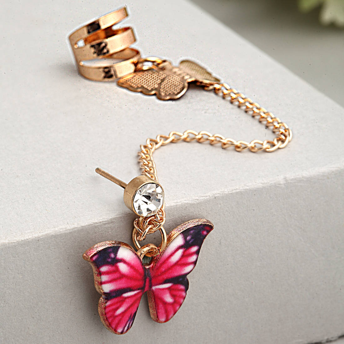 Pink Butterfly Chain Clip Stud Earring