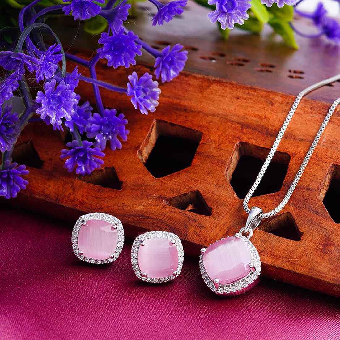 Pink Crystal Necklace Earring Set