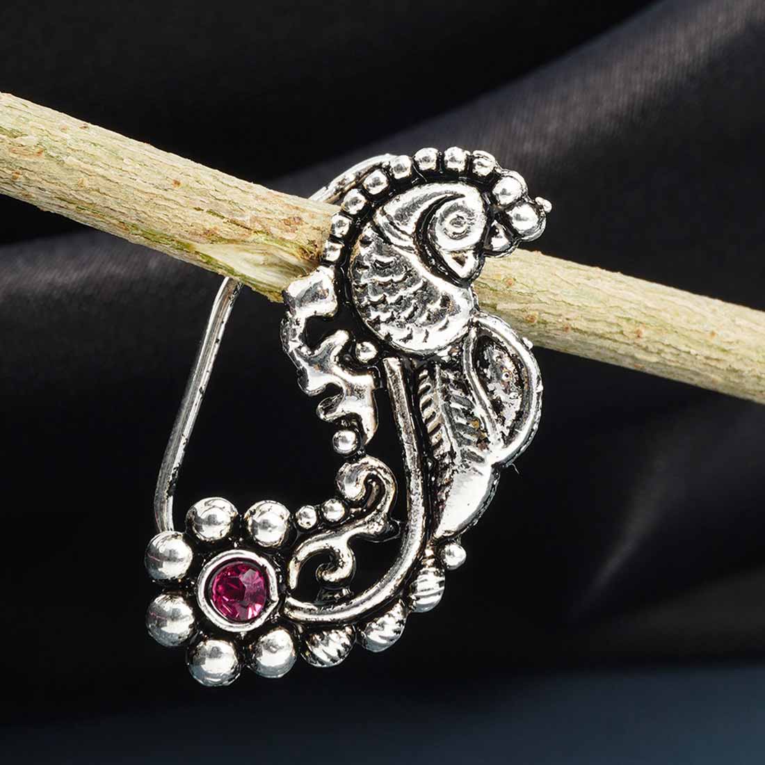 Pink Crystal Silver Peacock Design Nath
