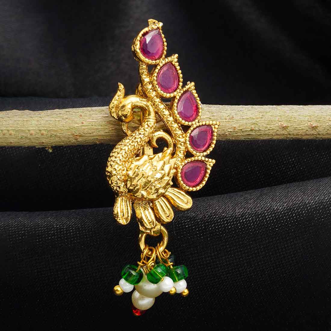 Pink Crystal Studded Peacock Nath

