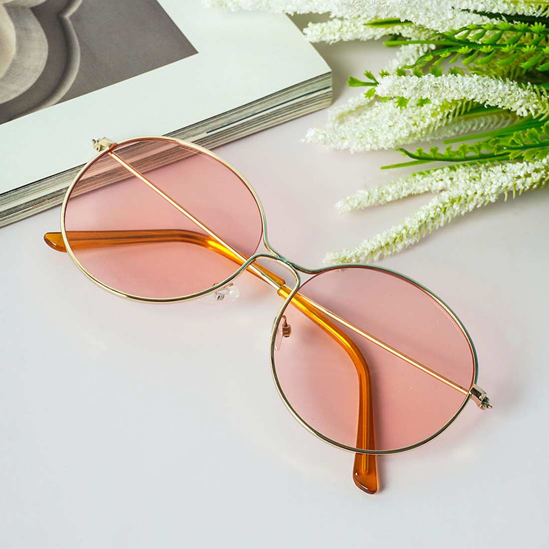 Pink Minimalist Frame Round Sunglasses
