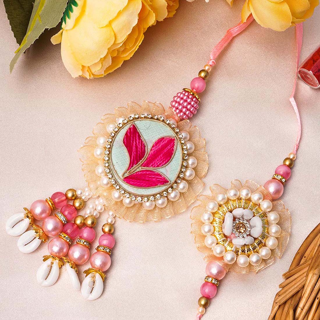 Pink Pearl Gota Work Floral Rakhi Set for Bhaya & Bhabi