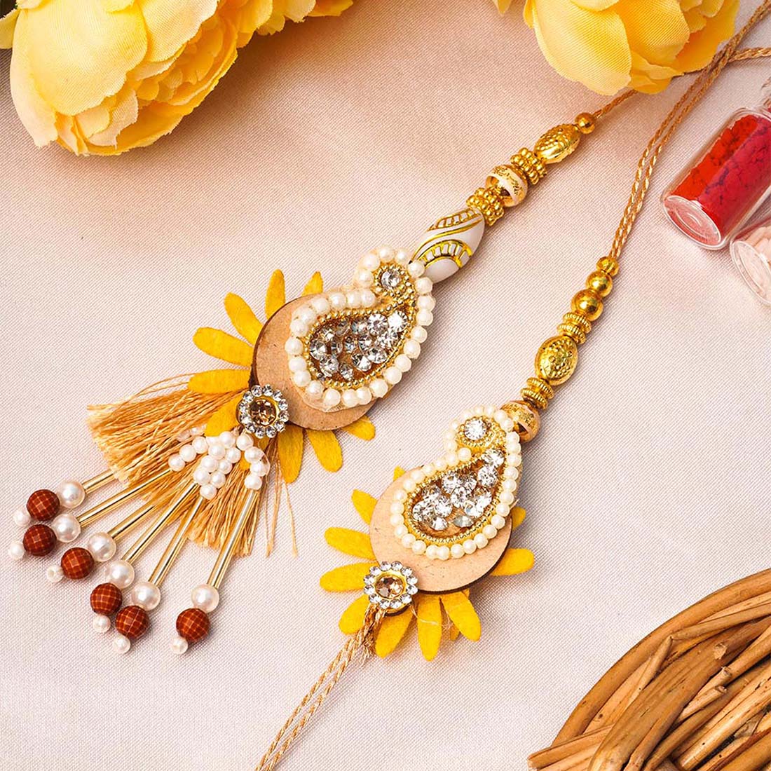 Pink & Yellow Meenakari Rakhi Set for Bhaya Bhabi