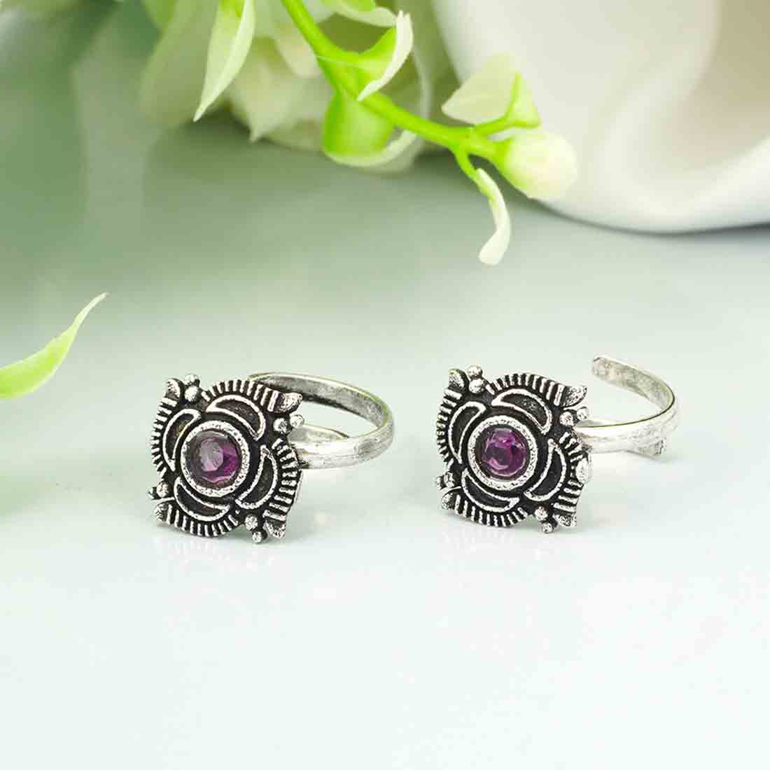 Purple Crystal Oxidized Silver Toe Rings