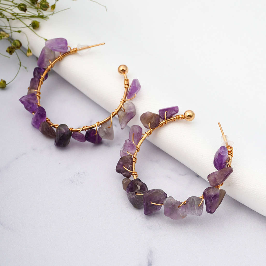 Purplish Gray Stone Golden Hoops
