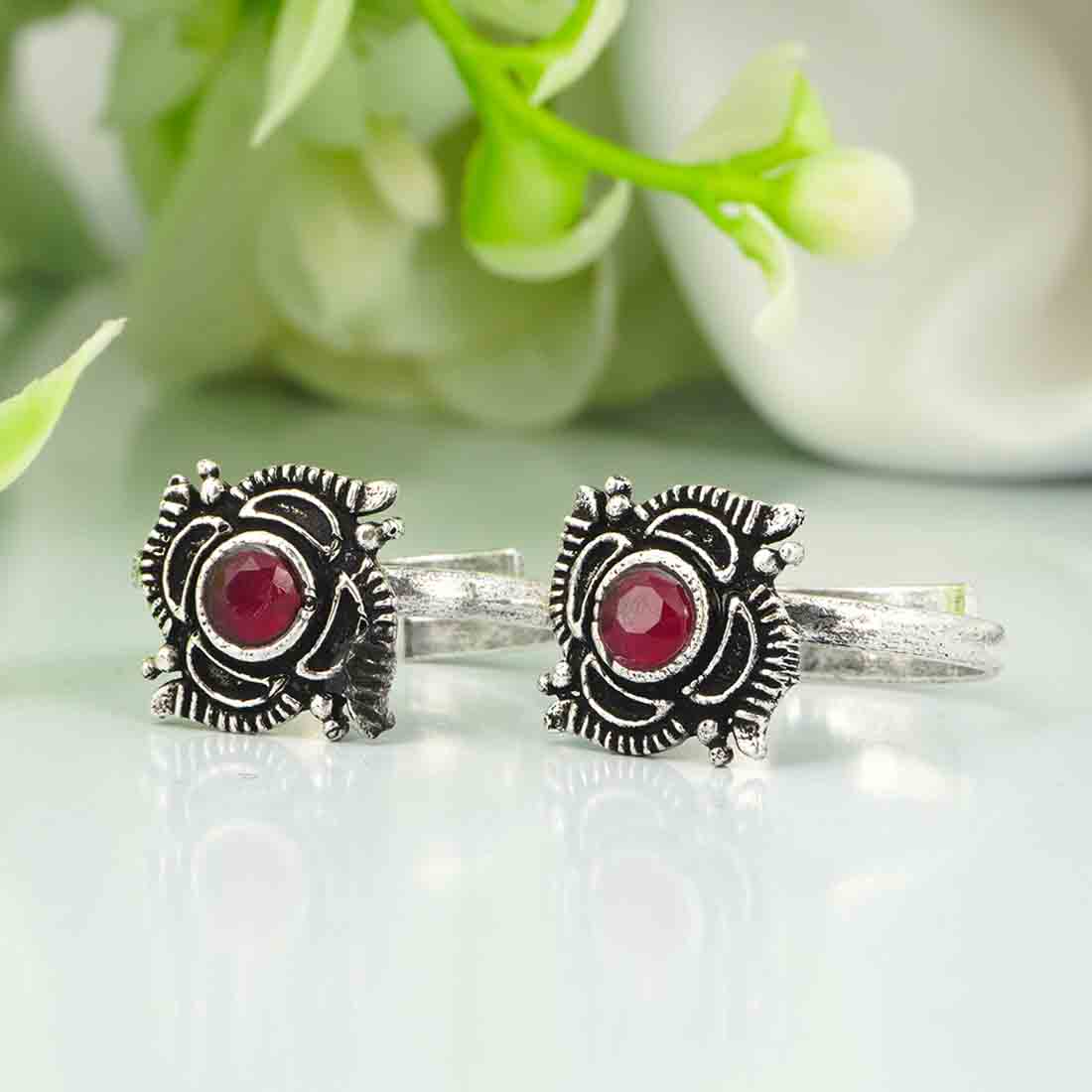 Red Crystal Oxidized Silver Toe Rings