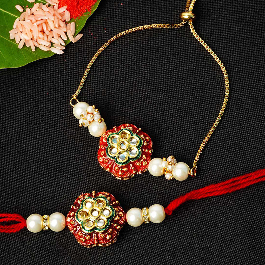 Red Crystal Studded Flower Rakhi Set of 2