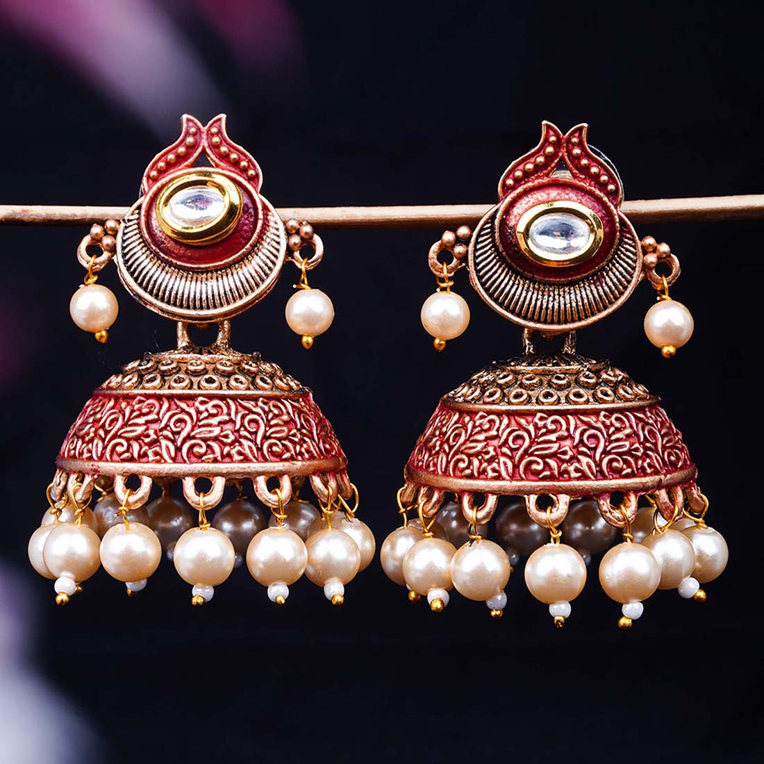 Red Designed Ethnic Jhumkis