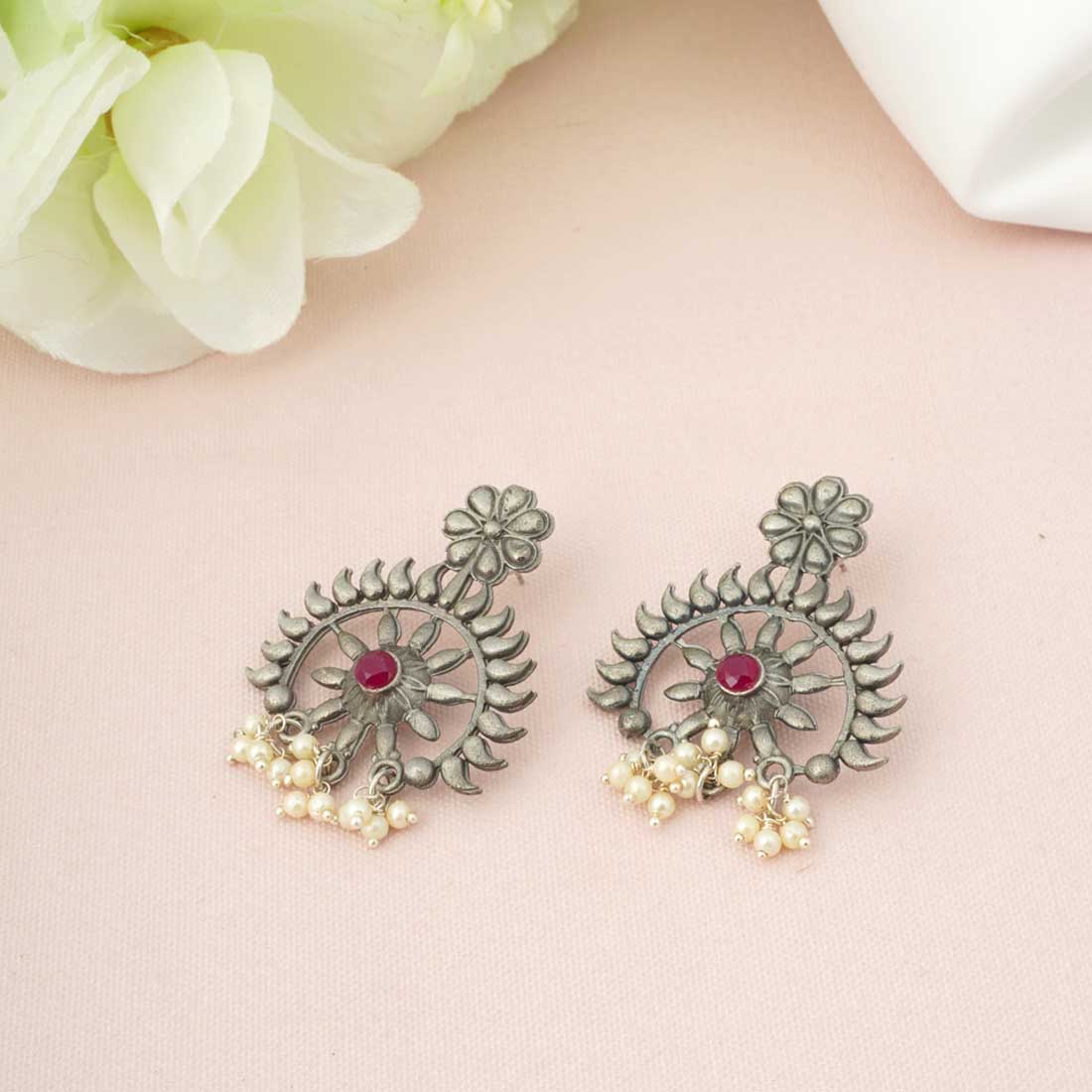 Red Ethnic Floral Sun Earrings