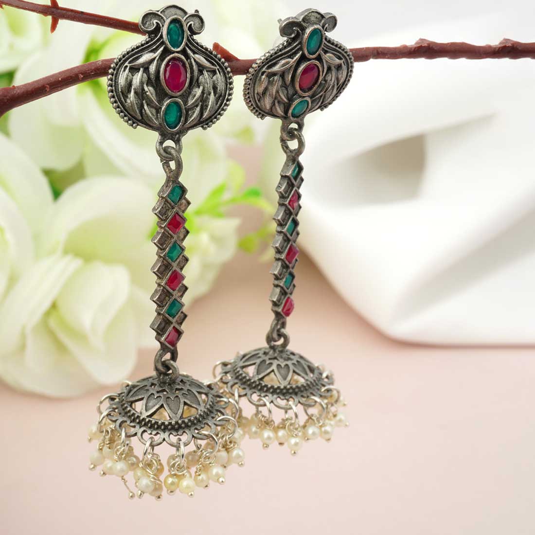 Red & Green Crystal Line Jhumkis