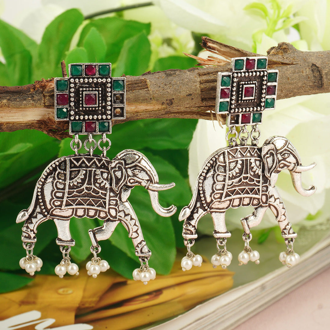 Red & Green Elephant Design Earrings
