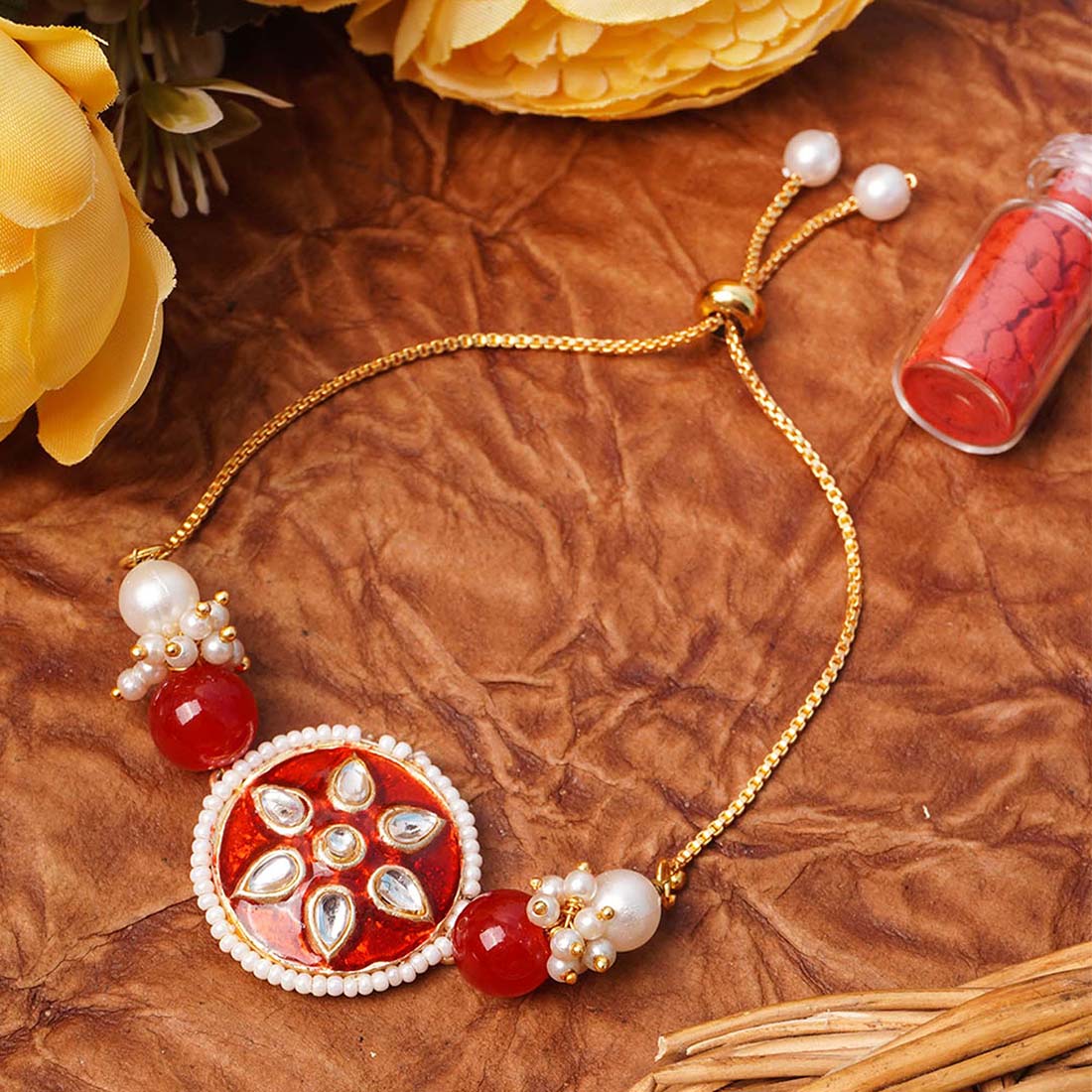 Red Round Pearl Crystal Kundan Rakhi