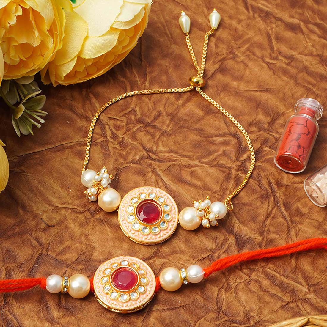 Red Stone Meenakari Rakhi for Bhaya & Bhabi