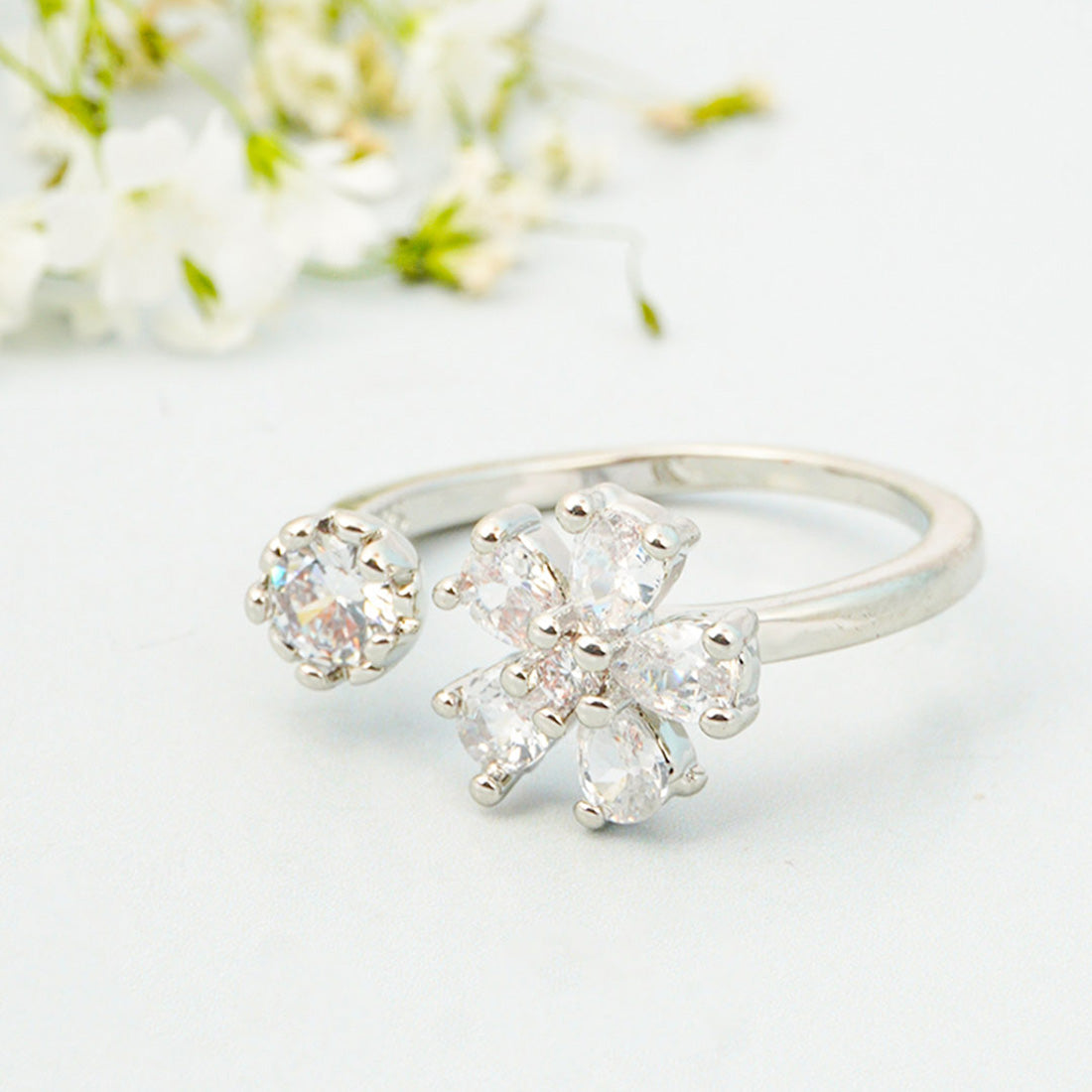 Rhinestone Flower Silver Ring