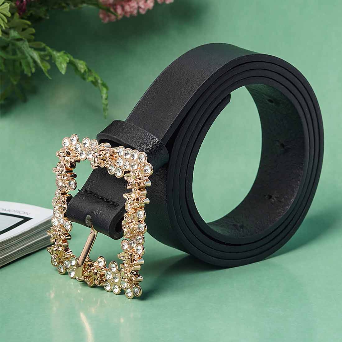 Rhinestone Studded Gold Square Buckled Black Belt
