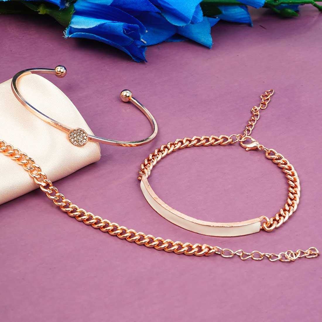 Rose Gold Chain Cuff Bracelet Set of 3
