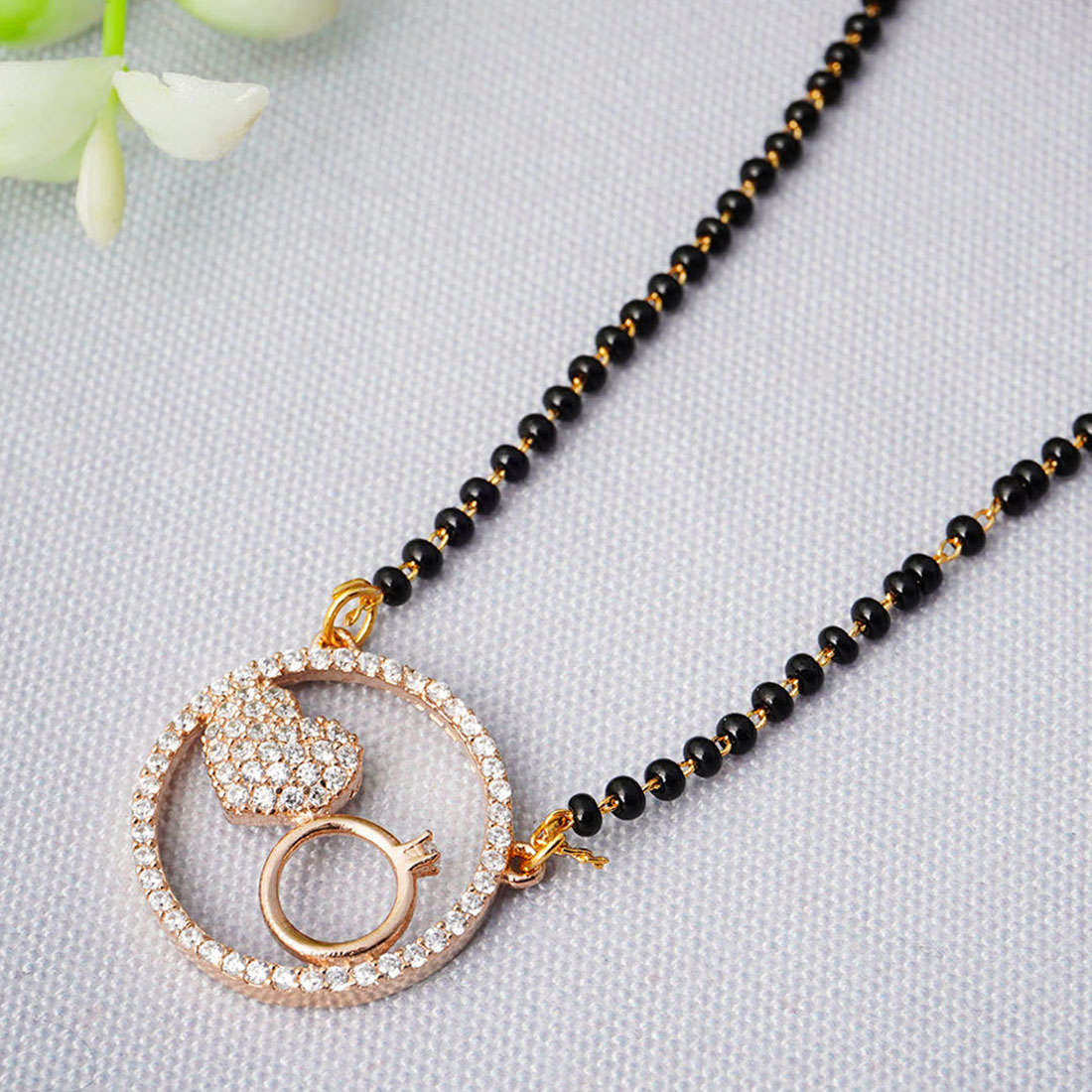 Rose Gold-Plated AD-Studded and Beaded Mangalsutra