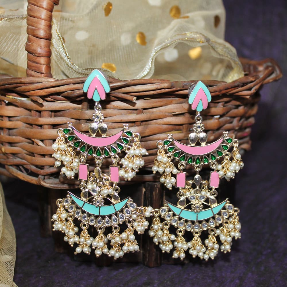 Sanaz Gold-Pink Layered Pearl Chandbali Earrings