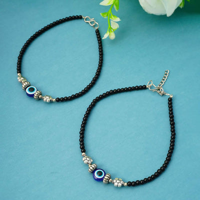 Set Of 2 Black Beaded & Silver Evil Eye Anklet