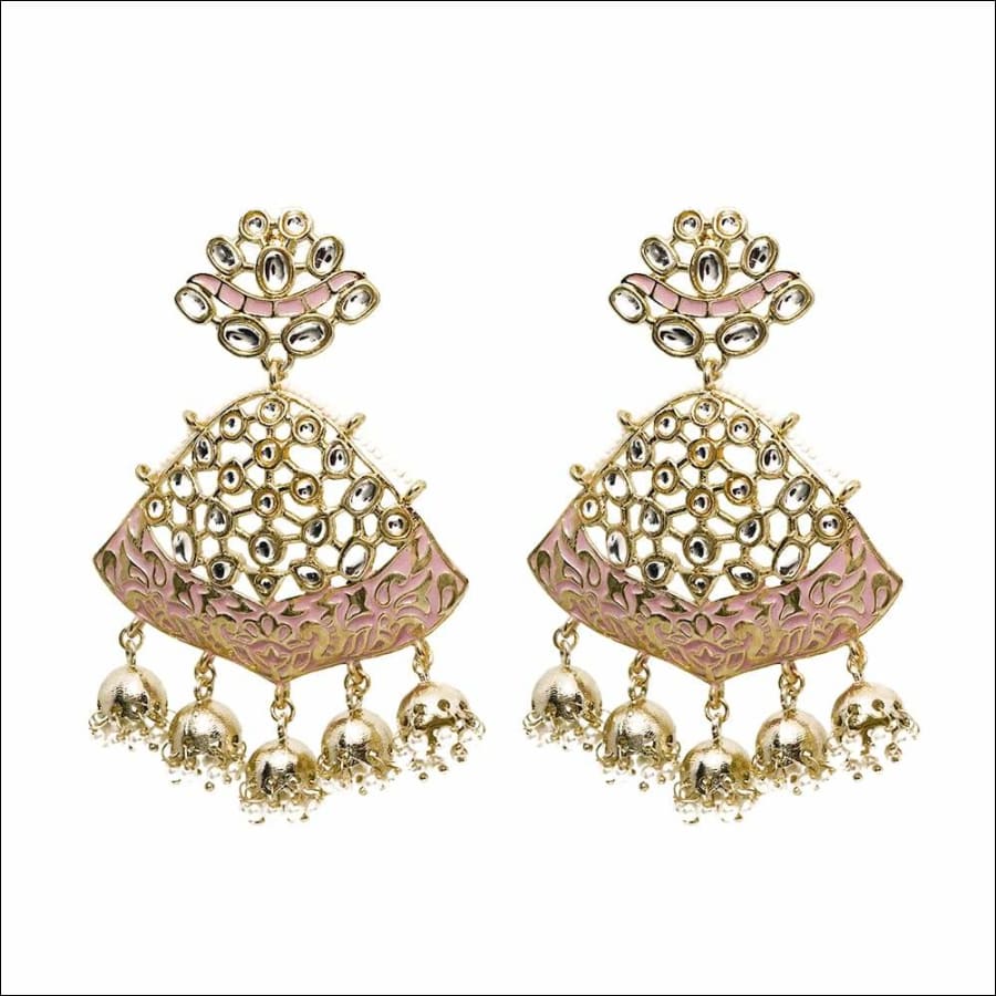 Shravya Pastel Pink Golden Stonework Multi-Jhumki Earrings