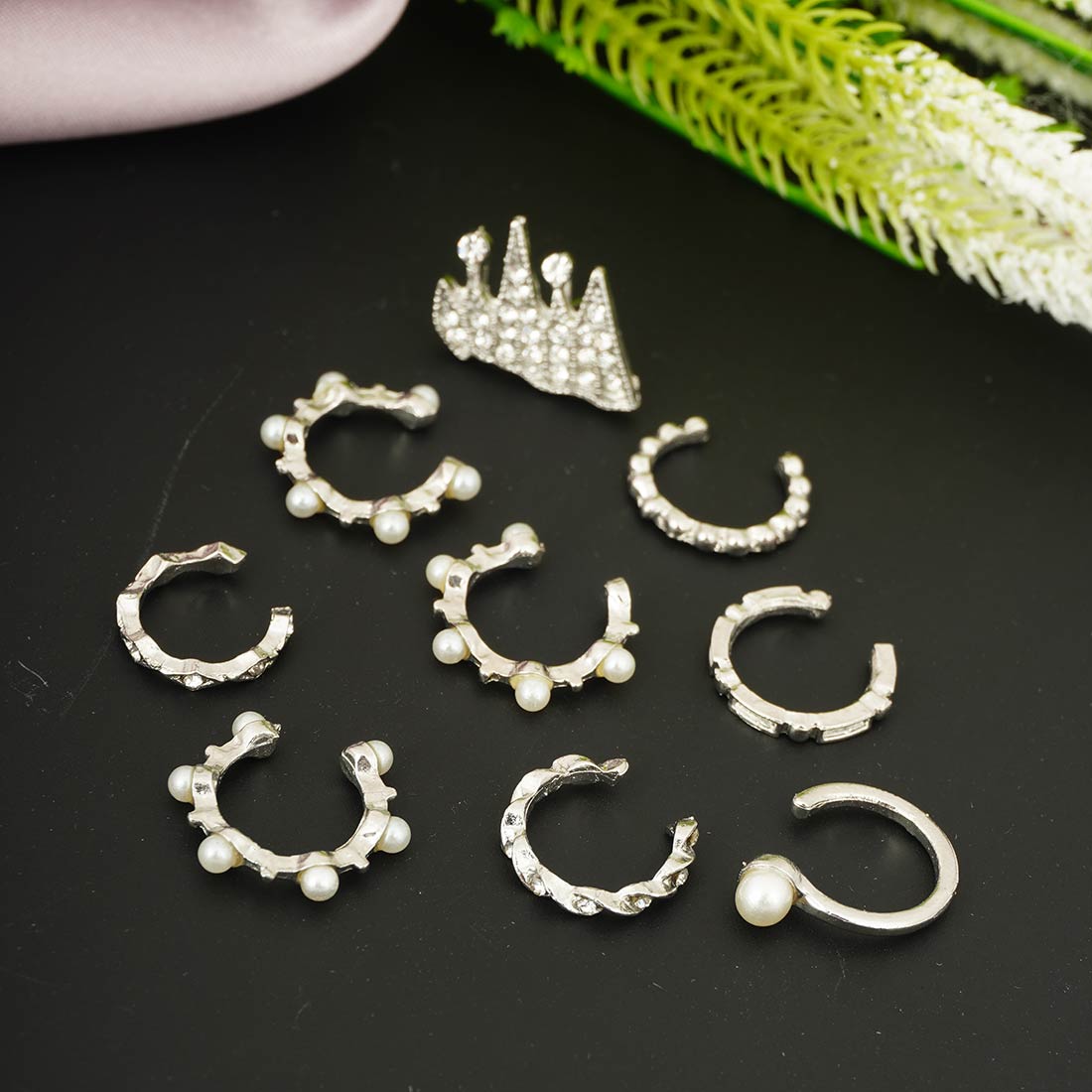 Silver Crystal Ear Cuffs Set of 9