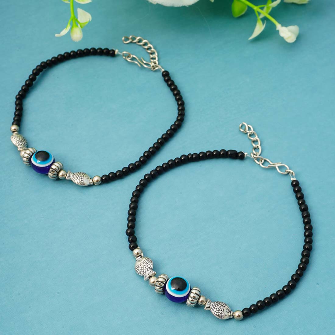 Silver Fish Beaded Evil Eye Anklets
