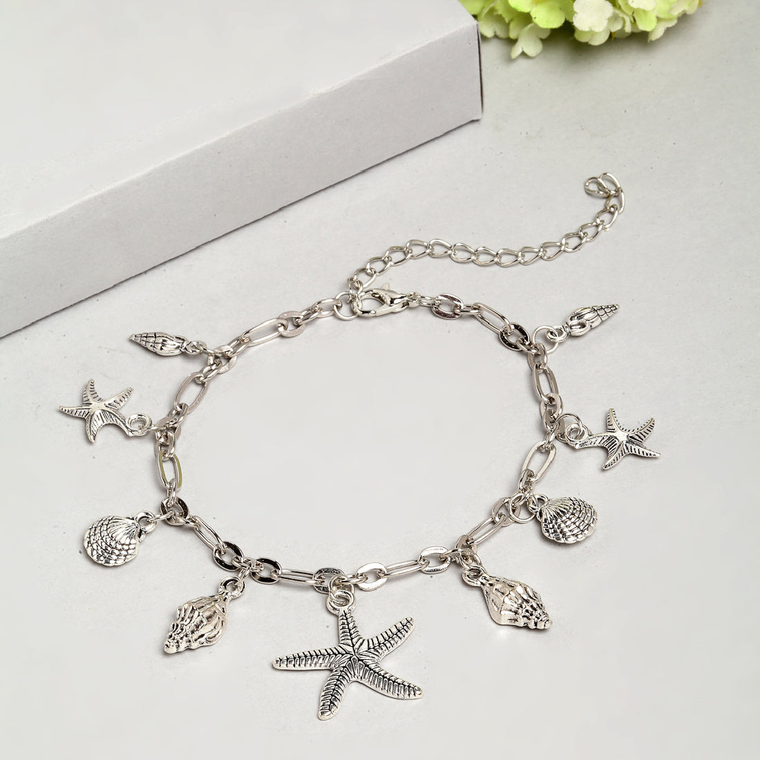 Silver Starfish And Shell Anklet