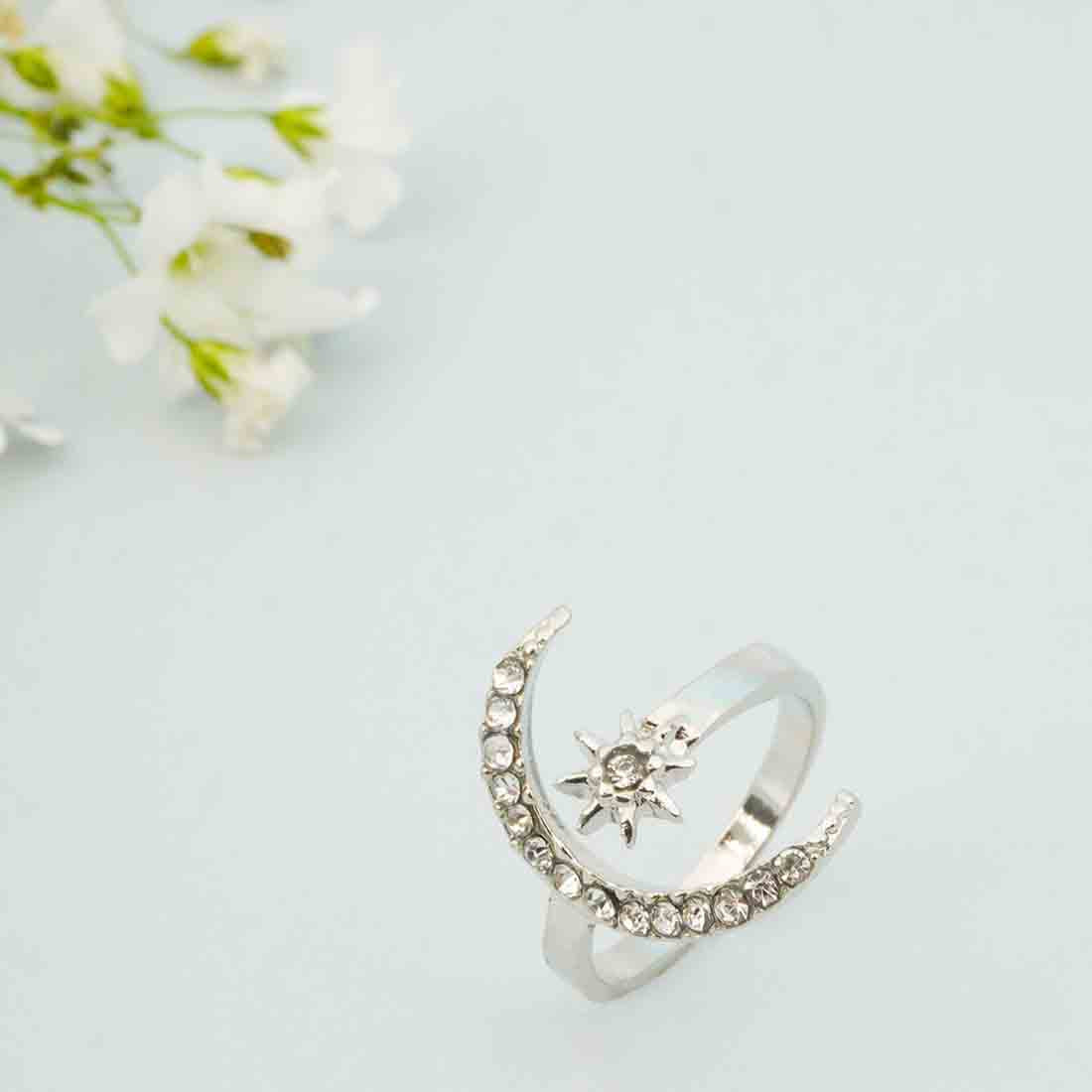 Silver-Toned Stone-Studded Star Moon-Shaped Finger Ring