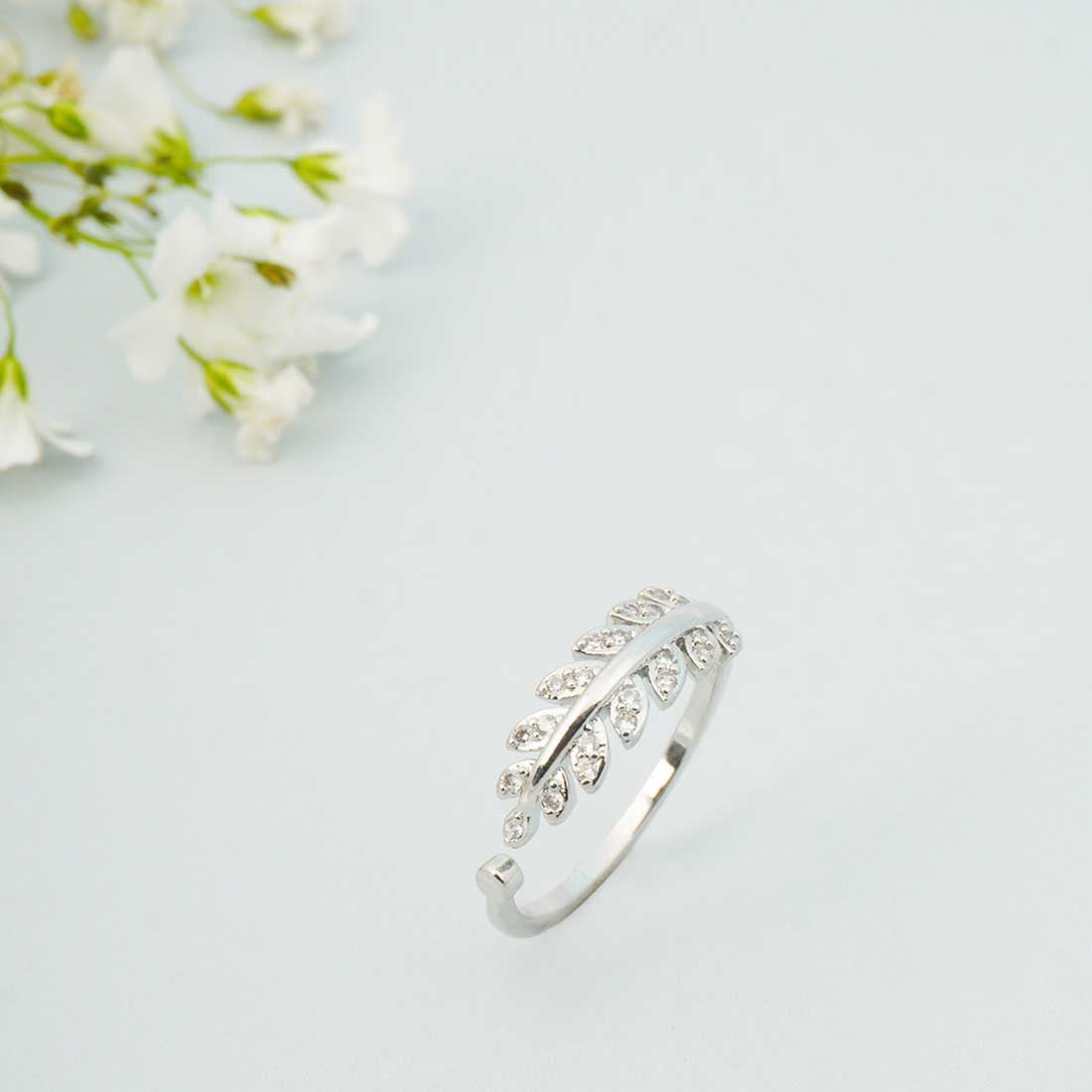 Silver-Toned & White Stone-Studded Adjustable Finger Ring