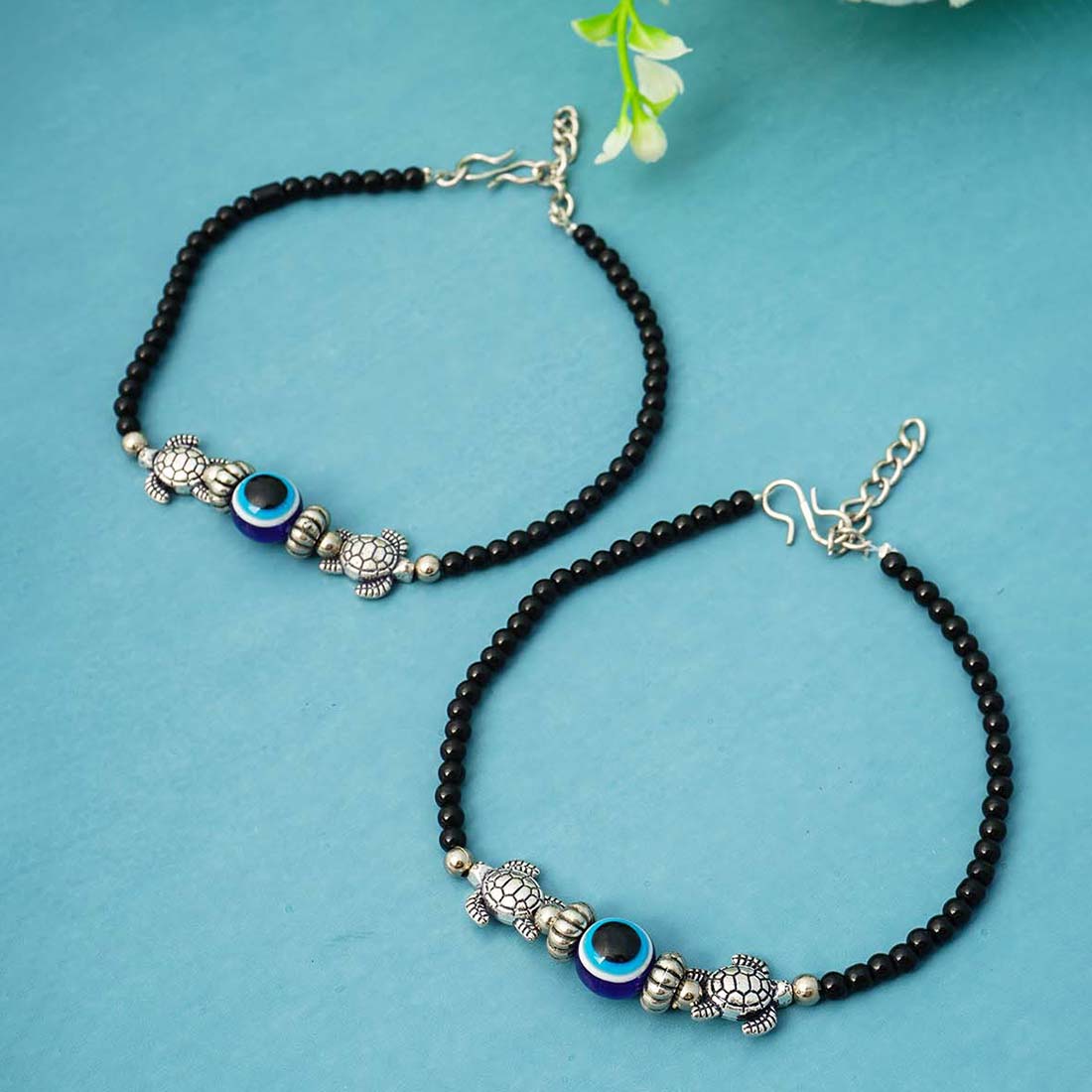 Silver Turtle Beaded Evil Eye Anklets
