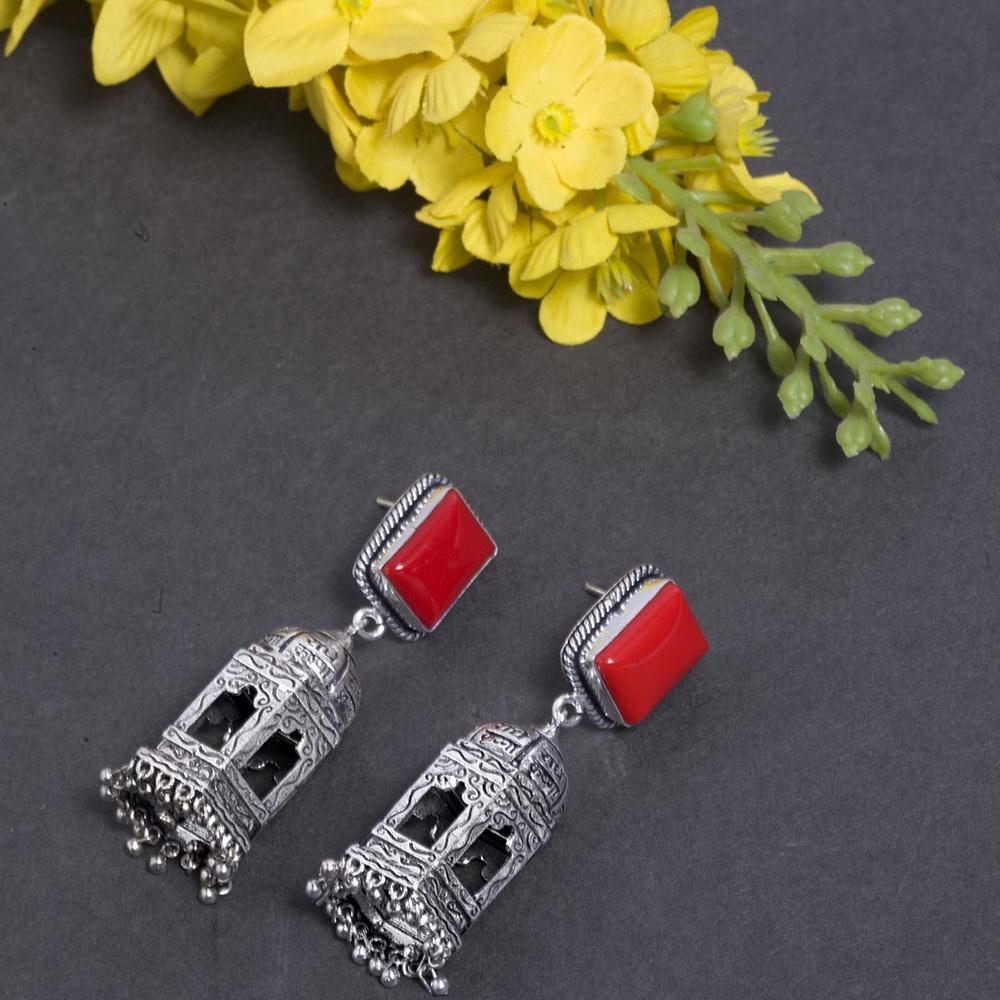 Temple Embellished Red Dangler Earrings