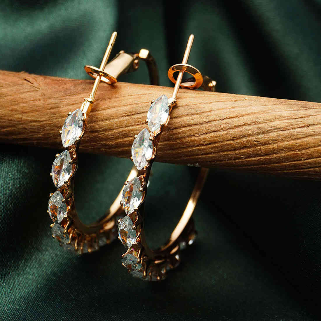Transparent Crystal Lined Gold Toned Hoop Earrings