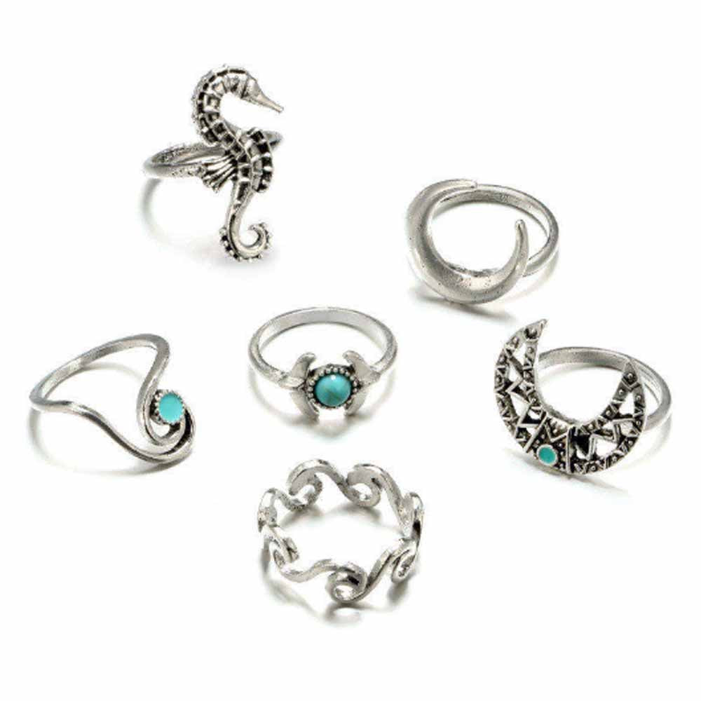 Turquoise Silver Oxidized 6 Pcs Ring Set