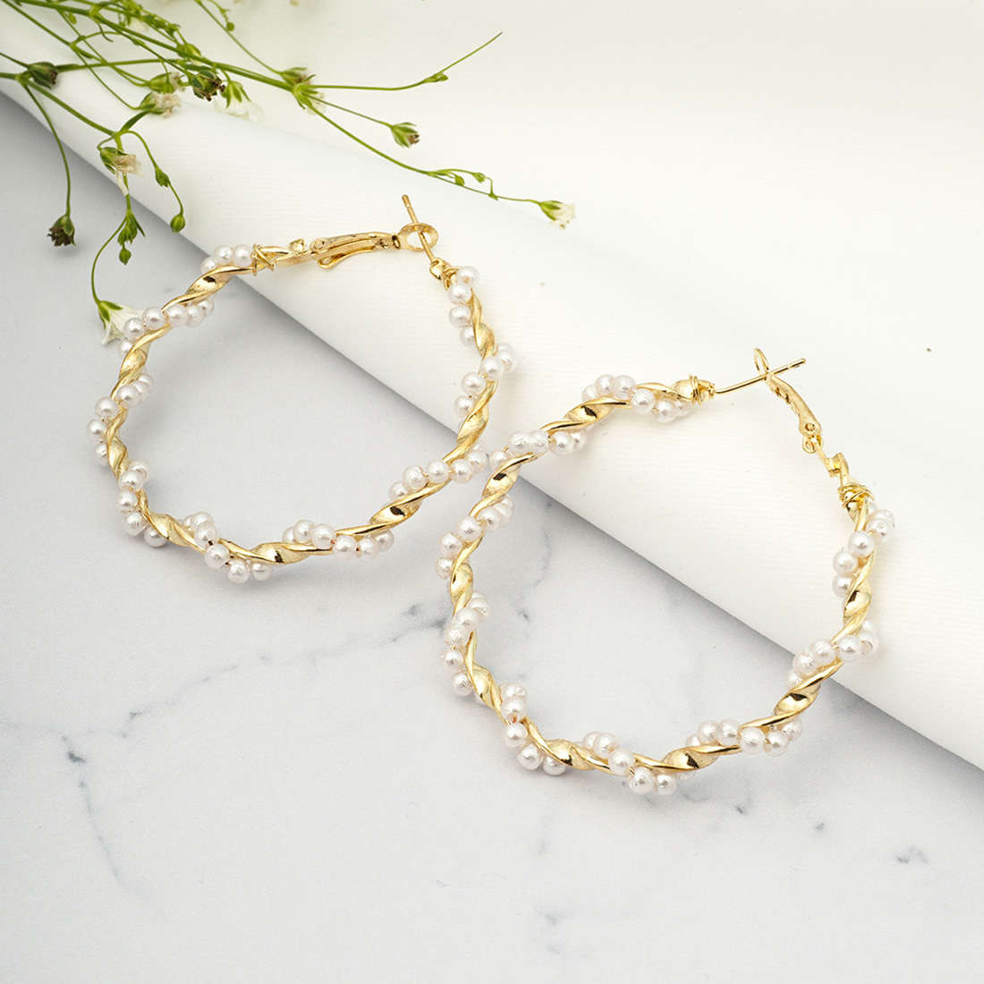 Twisted Pearl String Gold Hoops
