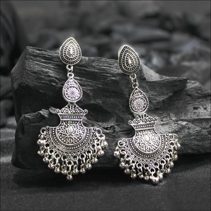 Viksya Designer Fan-Shaped Silver Oxidized Earrings
