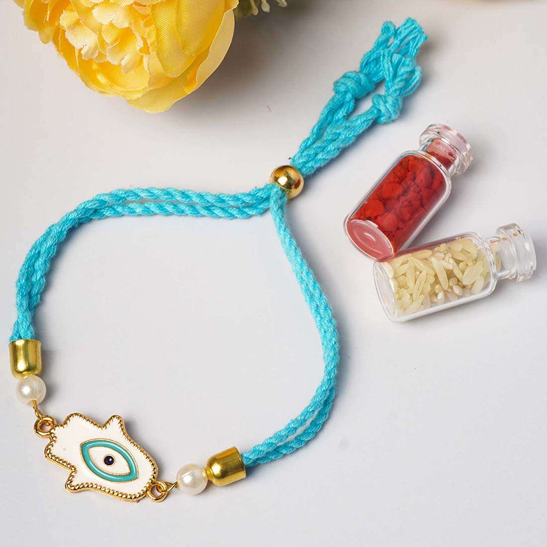 White Hamsa Hand Evil Eye Rakhi