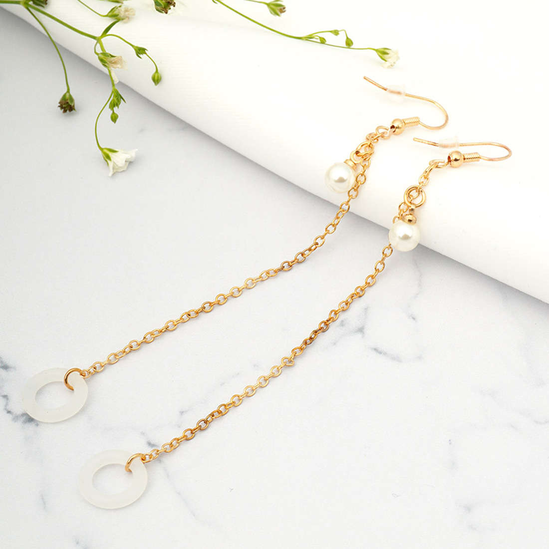 White Ring Gold Chain Earrings
