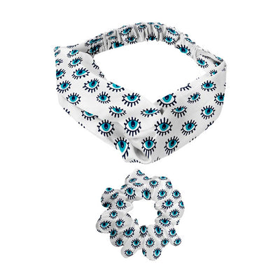 Women Blue & White Printed Hairband & Scrunchie
