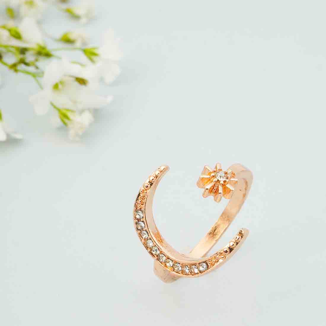 Women Gold-Plated AD-Studded Star Moon Ring