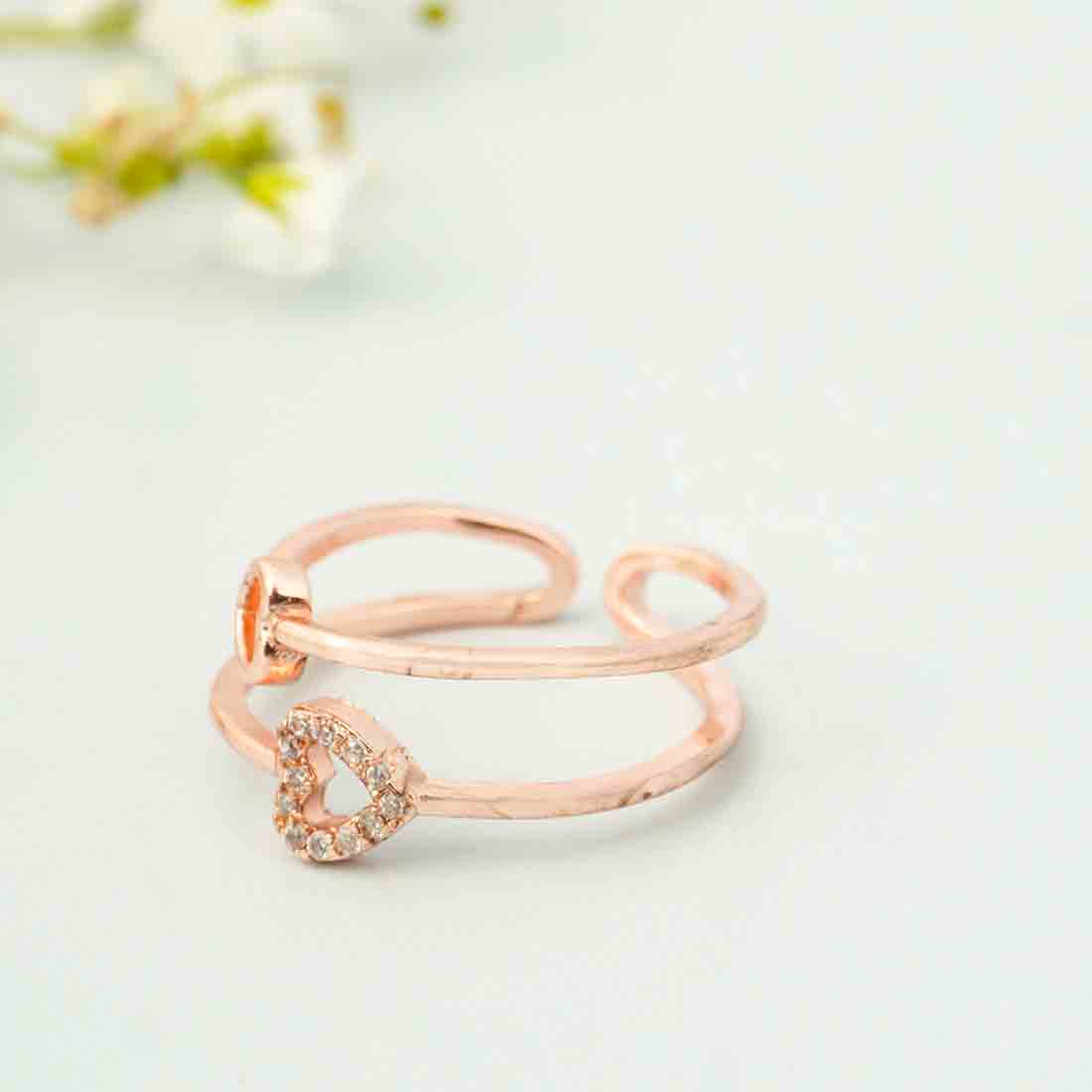 Women Rose Gold Plated Studded Layered Heart Finger Ring
