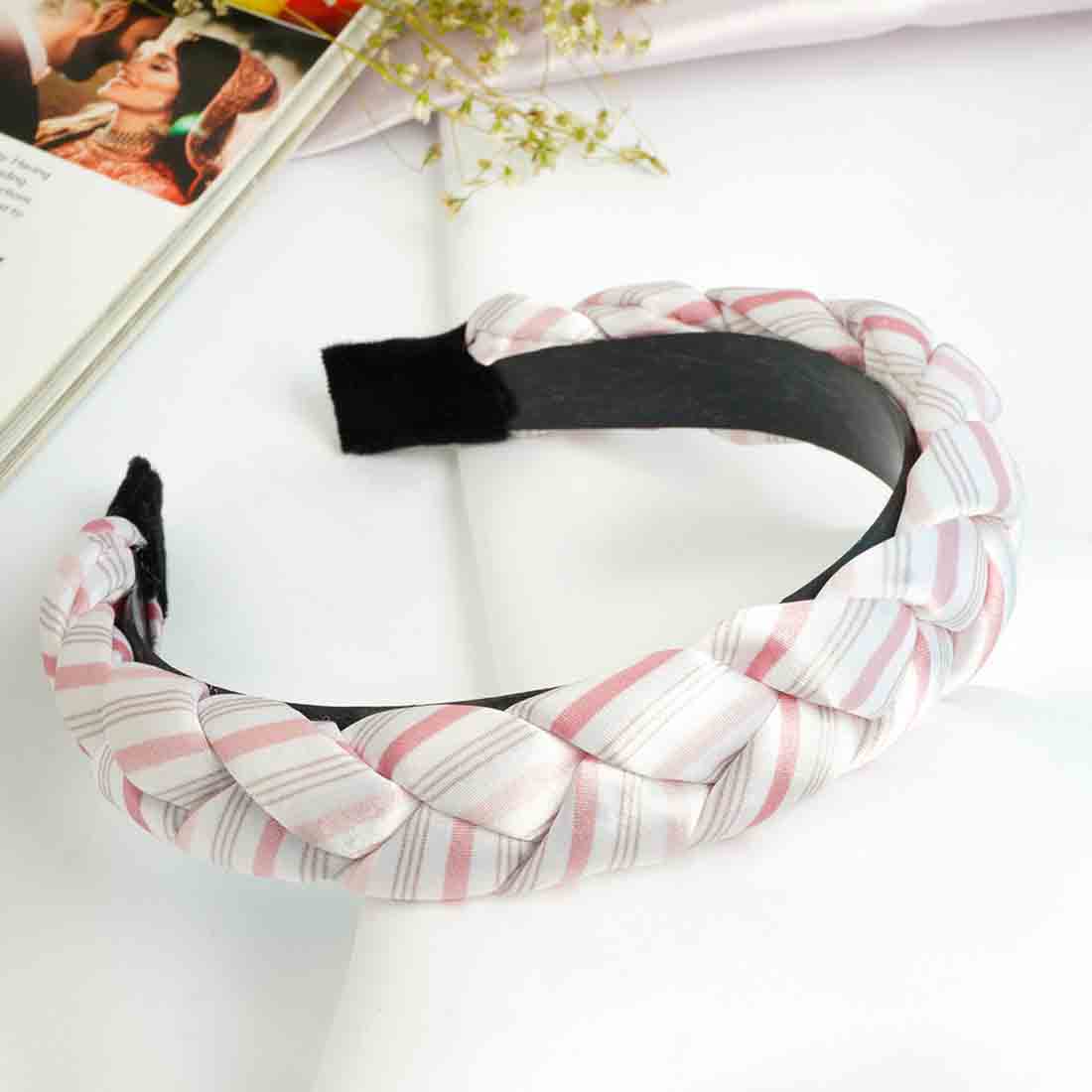 Women White & Peach Striped Braided Hairband