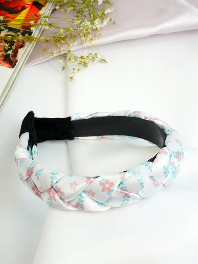 Women White & Pink Floral Printed Braided Hairband