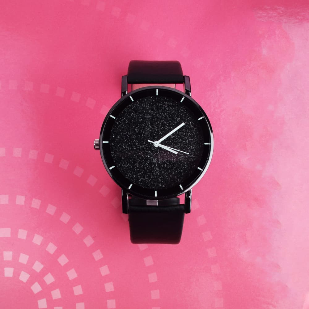 Xenia Black Glittery Leather Strap Watch