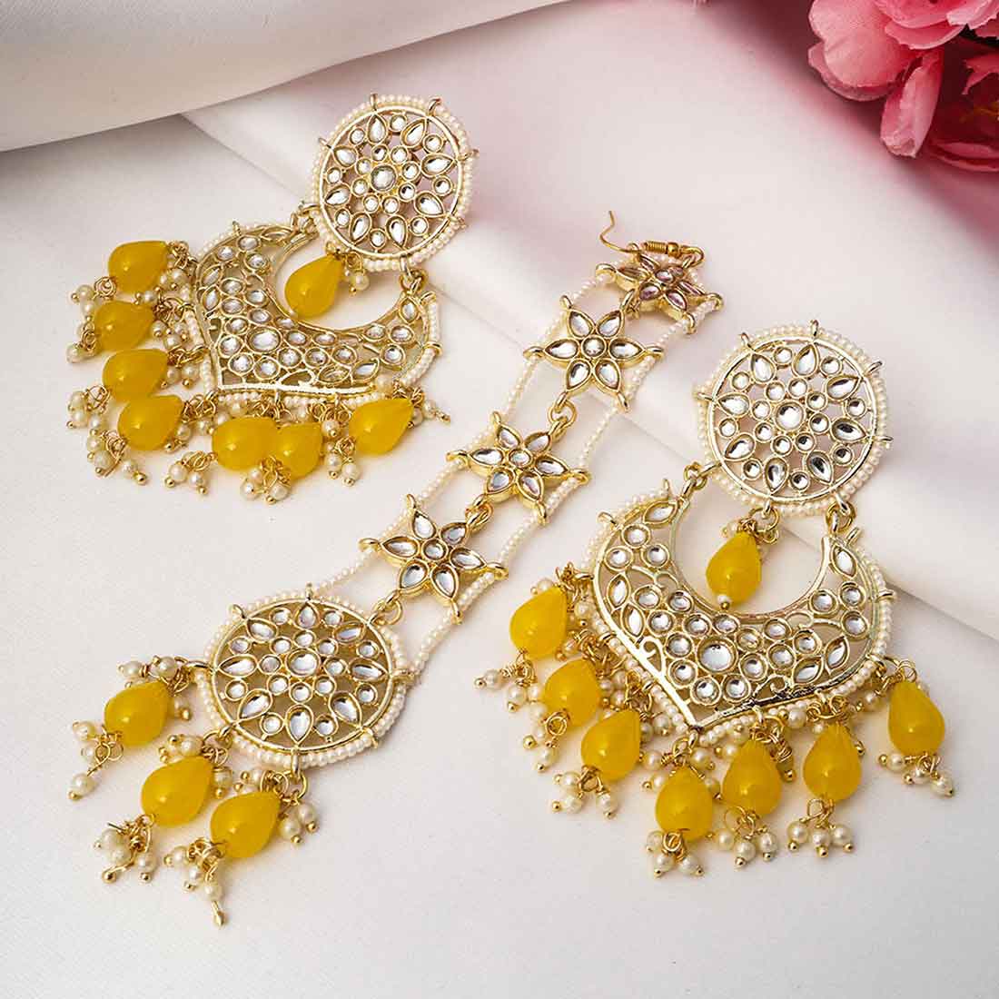 Yellow Drops Crystal Earring & Maang Tika Set