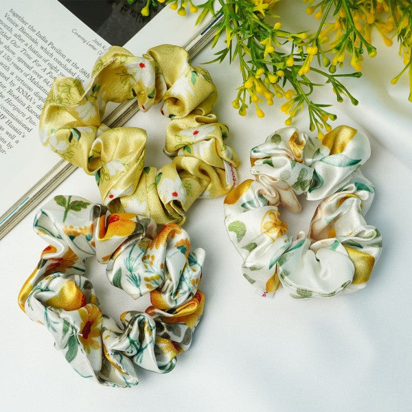 Yellow & White Printed Scrunchies Set of 3